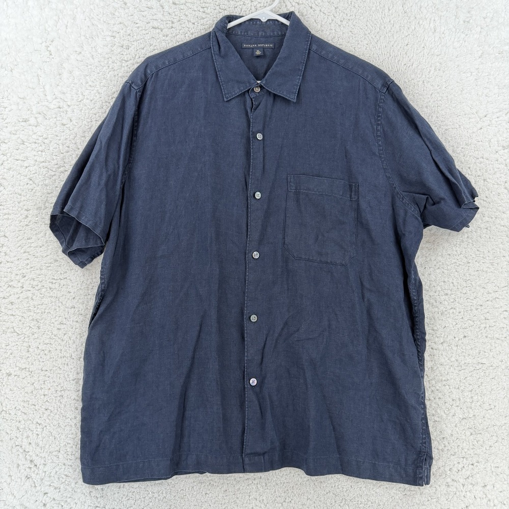 Banana Republic Linen Shirt Mens XL Blue Solid Short Sleeve Button Up Casual